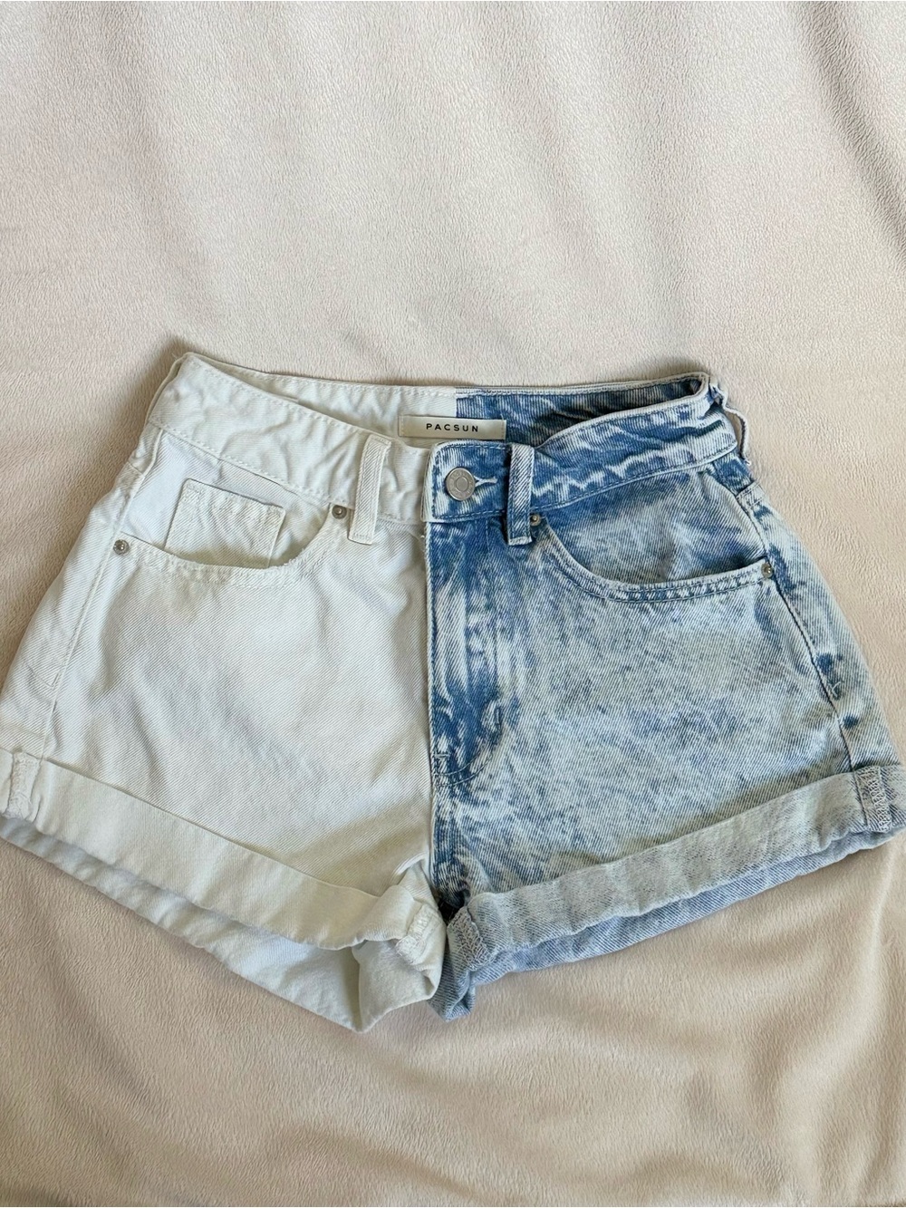PacSun Two-Tone White and Light Blue Acid Wash Denim Shorts